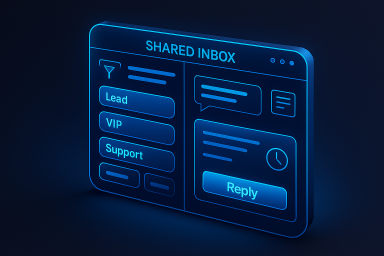 3D-rendered shared inbox interface with glowing neon-blue tags for Lead, VIP, and Support, plus a reply box featuring a timer icon on a dark gradient background.