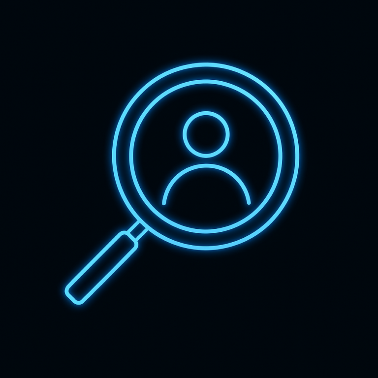 Neon-Blue Glowing Magnifying Glass Over User Profile Icon