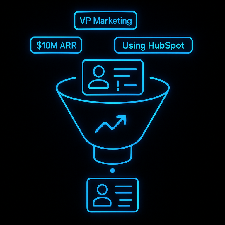 Dark UI funnel graphic with glowing contact cards and blue data tags like “VP Marketing,” “$10M ARR,” and “Using HubSpot” flowing into the funnel — representing enriched ICP data processing in a 1:1 layout.