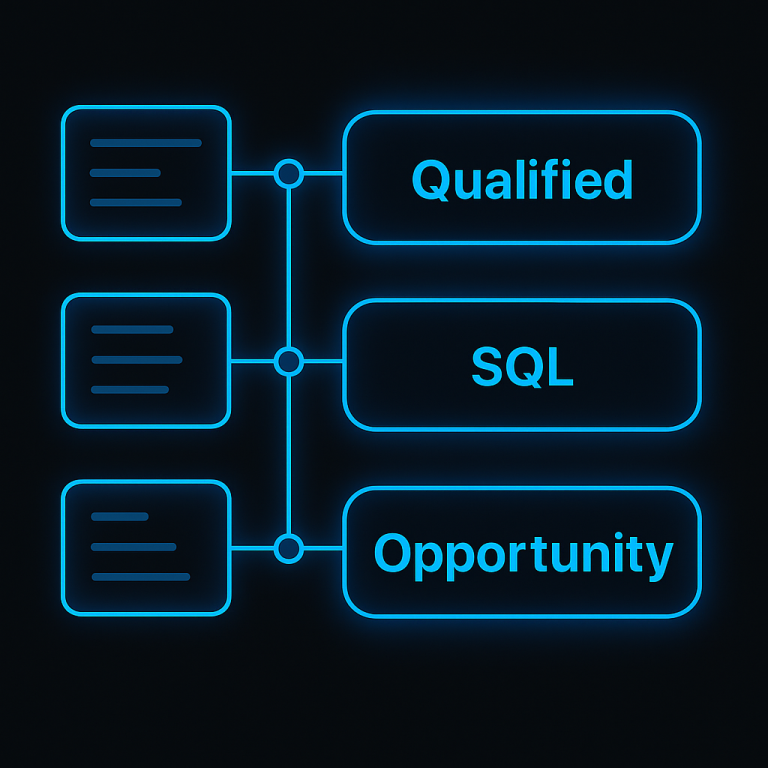Dark-themed interface showing glowing data cards connected by neon lines to CRM stages labeled Qualified, SQL, and Opportunity — representing automated lead syncing in a clean, modern 1:1 pipeline design.