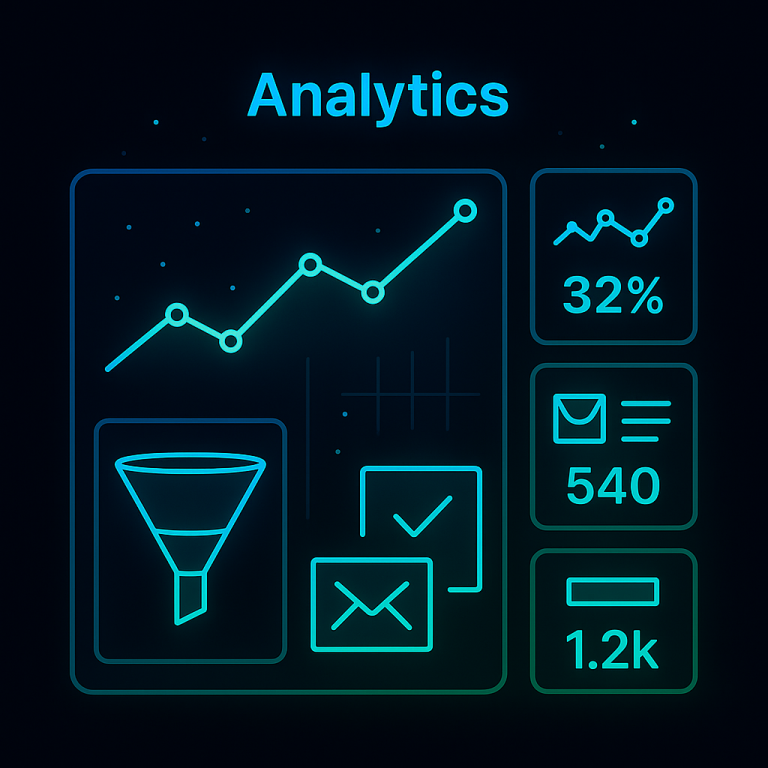 Digital analytics dashboard in glowing blue and green tones with a line graph, funnel icon, and KPI tiles on a dark background, illustrating performance metrics in a flat UI design