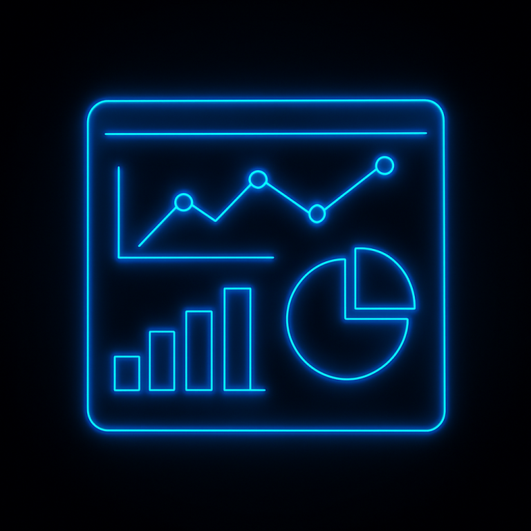 A neon-blue glowing analytics dashboard featuring a line graph, bar charts, and data points, all set against a dark background with glowing edges.