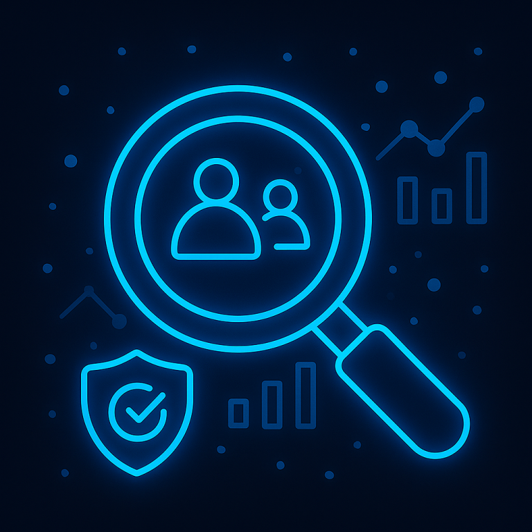 Neon-blue glowing illustration of an email layout with text lines, layered content blocks, and a pencil icon on a dark flat background, representing content design and campaign creation