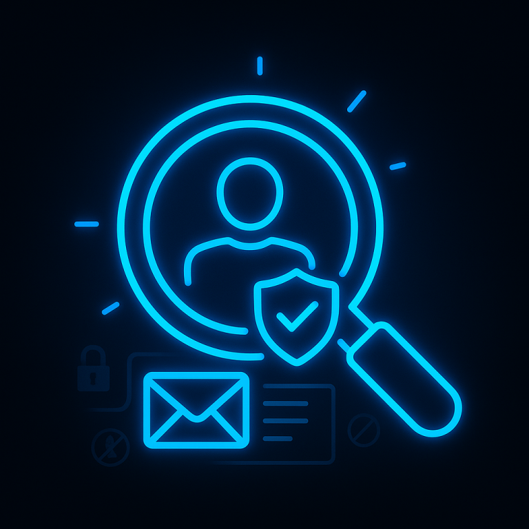 Glowing neon-blue magnifying glass centered over a human figure, symbolizing ideal customer profile (ICP) research and targeted prospect analysis for B2B appointment booking strategies.