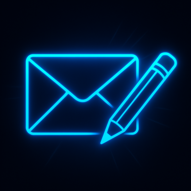 Glowing neon-blue envelope with a diagonal pencil on a dark background, symbolizing cold email writing and message personalization for B2B appointment booking campaigns.