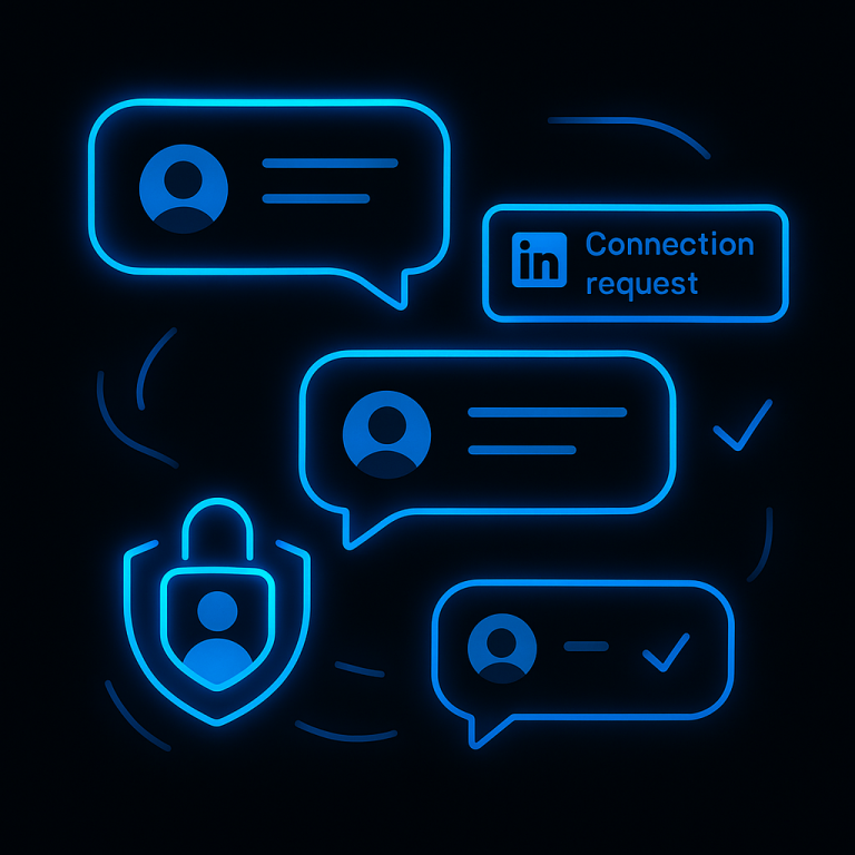 A 1:1 digital illustration of a LinkedIn-style chat interface featuring floating message bubbles, avatar icons, connection request previews, and reply indicators. Designed with neon-blue glowing lines on a dark background for a futuristic B2B messaging aesthetic.