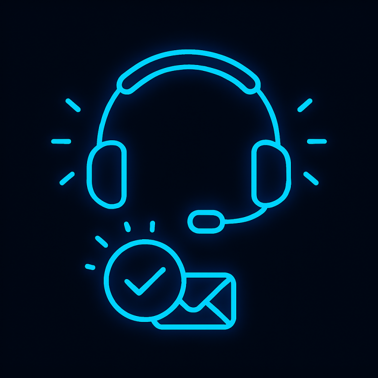 Glowing neon-blue headset with microphone and checkmark symbol on a dark background, representing SDR appointment setting and confirmed meeting booking in B2B outreach workflows.
