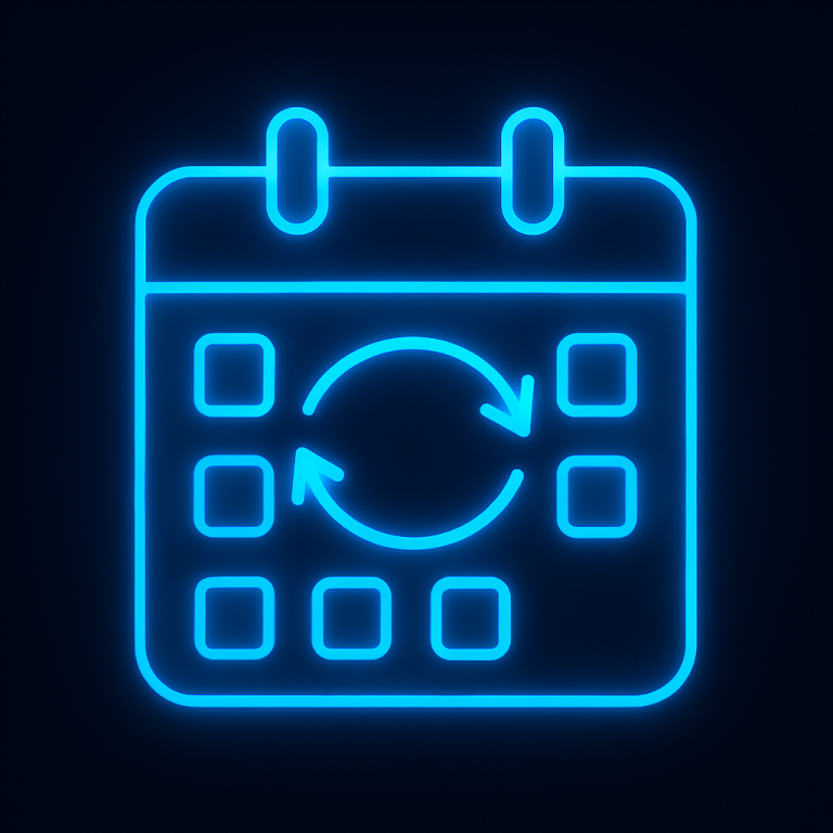 Glowing neon-blue calendar with circular sync arrows on a dark background, symbolizing automated calendar scheduling, system integration, and real-time appointment coordination in B2B outreach workflows.