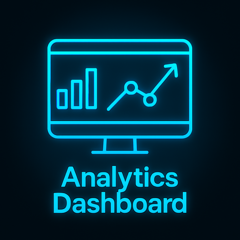 Glowing neon-blue icon of an analytics dashboard featuring vertical bars and a line chart with upward trend, labeled “Analytics Dashboard,” set on a dark gradient background in 1:1 aspect ratio.