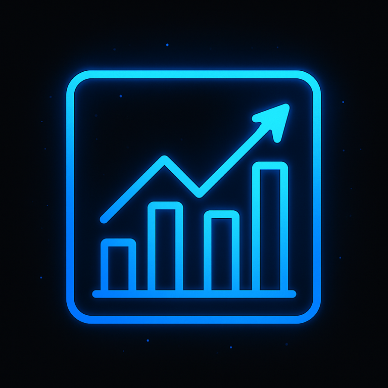 Glowing neon-blue bar graph with upward trend line on a dark UI background, representing real-time campaign analytics, appointment conversion metrics, and sales performance tracking.